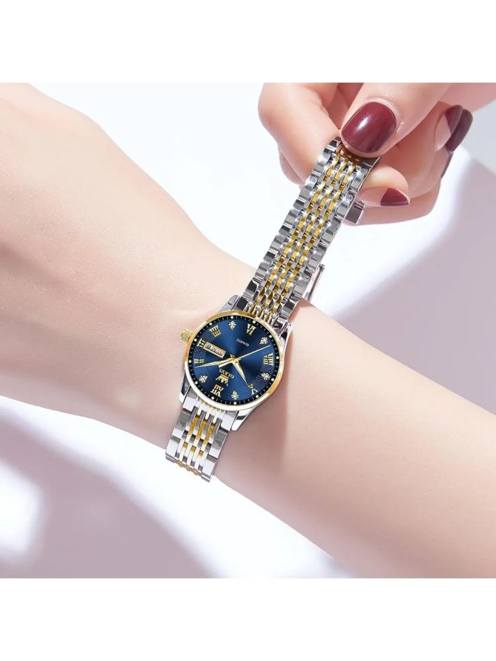 Women's Gold Silver And Blue Analog Quartz Waterproof Stainless Steel Band Watch